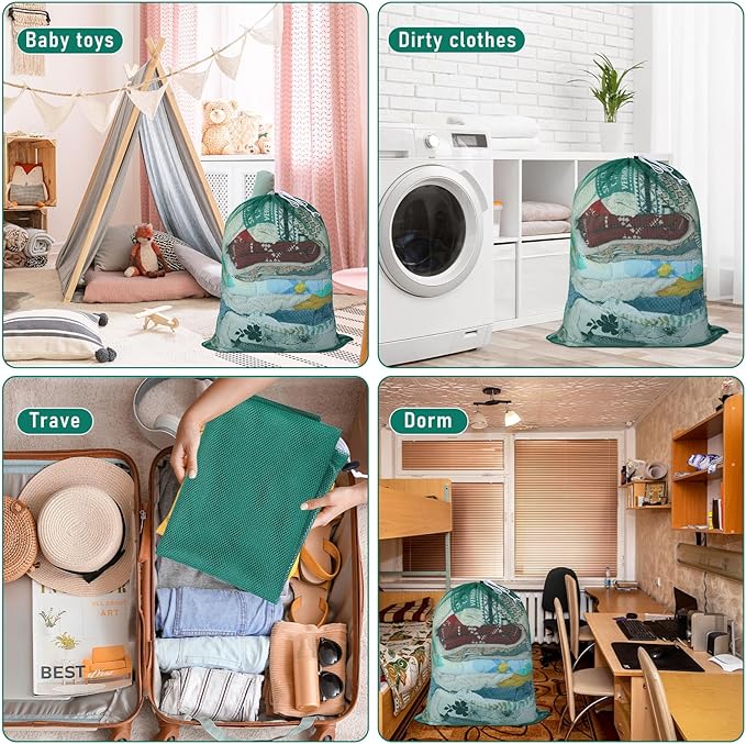 Windyun Mesh Laundry Bag, 9 Pcs 30" x 40" Heavy Duty Large Mesh Laundry Bags Drawstring Lockable Laundry Hamper Liner Machine Washable Bag for Travel Dorm Home College Storage Apartment(Green)