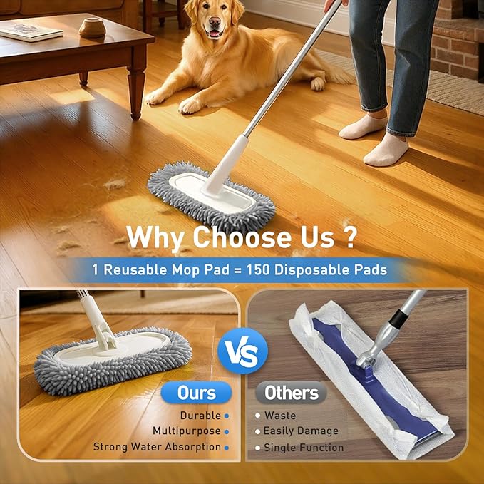 6PCS Reusable Mop Pads Fit for Flat Mops, Chenille Mop Refill Pads Washable Mop Covers, Household Replacement Mop Pads Wet & Dry Sweeping Cloths Mopping Pad Refills for Hardwood Floor Cleaning (Gray)