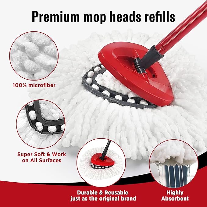 6 Pack Mop Head Replacements for O-Cedar, Spin Mop Replacement Head Compatible with Easywring 1-Tank Mop Refill, Microfiber, Machine Washable, Easy to Replace, Deep Cleaning