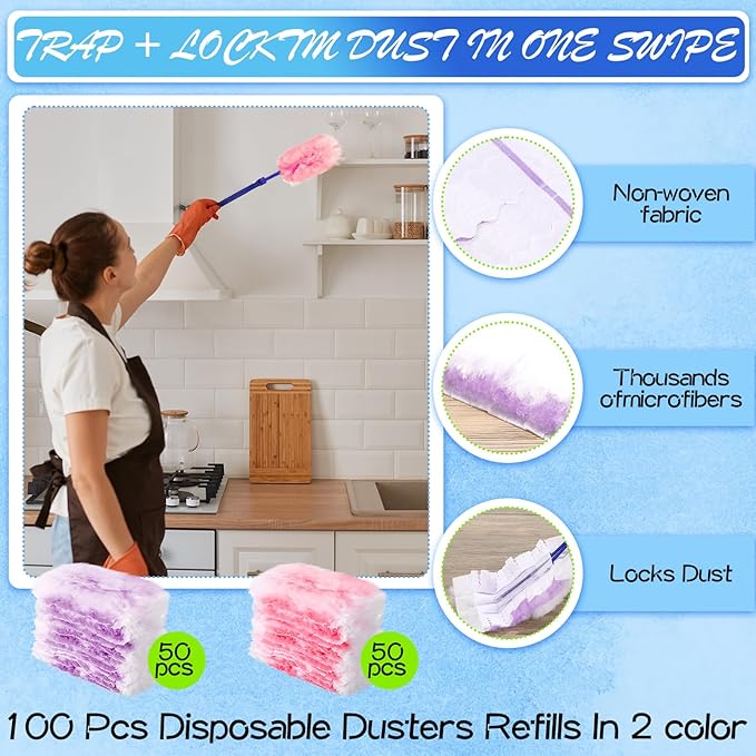 Vesici 100 Pcs Duster Refills Compatible with Swiffer Dusters Bulk Disposable Replacement Thickened with 1 Handle Heavy Duty for Cleaning, Office (Purple and Pink)