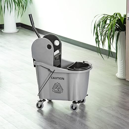 HOMCOM 9.5 Gallon (38 Quart) Mop Bucket with Wringer Cleaning Cart, 4 Moving Wheels, 2 Separate Buckets, & Mop-Handle Holder, Grey