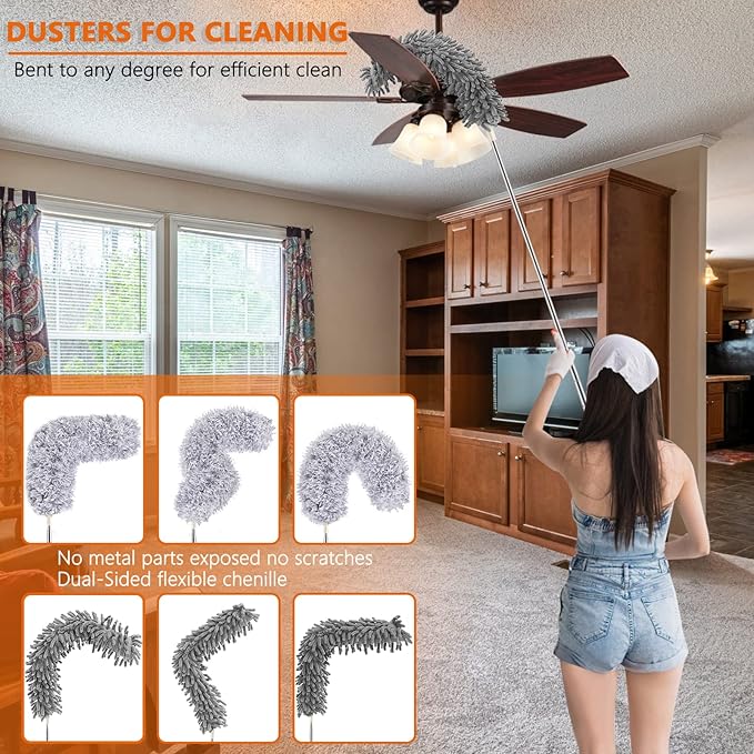 Dusters for Cleaning High Ceiling Fan, Newliton Microfiber Duster with Extension Pole 30-100" Long Handle for Ceiling Fans Blinds Cobweb Home, Orange