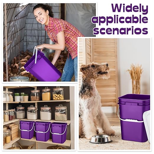 Vesici 6 Pcs 5 Gallon Food Grade Square Buckets with Lids 5 Gal Plastic Food Storage Square Bucket Heavy Duty Industrial Pail Container with DIY Label Stickers Handles for Water Painting(Purple)