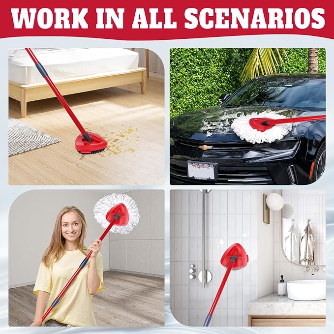 4 Packs Spin Mop Replacement Heads Compatible with Oceda EasyWring 1-Tank System,4-Section Rotatable Mop Handle 30-58in ,Mop Scrub Brush and Base Combo Set,Mop Refills Easy to Replace and Cleaning