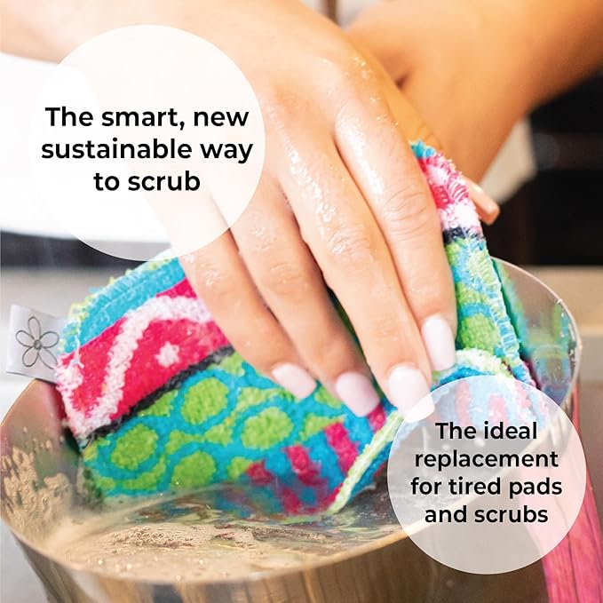 Skoy Scrub, 1-Piece Reusable, Non-Scratching Dish Scrubber for Kitchen and Household Cleaning, Planet-Friendly, Dishwasher Safe Soft Scrub, Assorted Colors and Designs