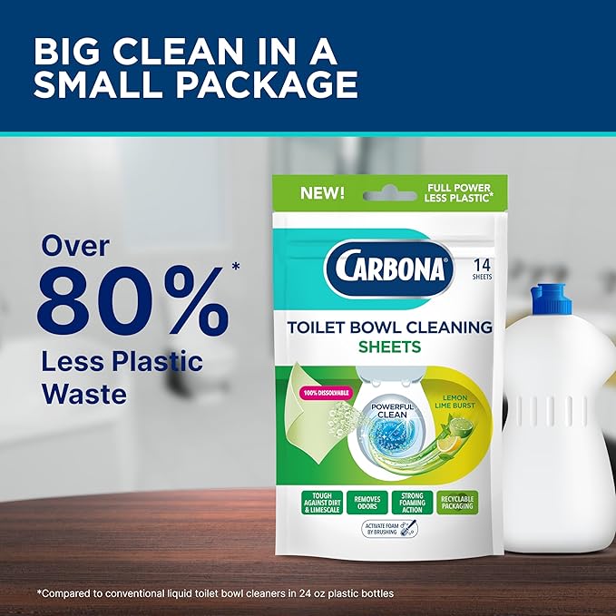 Carbona Toilet Bowl Sheets – Lemon Lime Scent – Powerful Foaming Toilet Bowl Cleaner – 14 Sheets – Less Plastic Waste