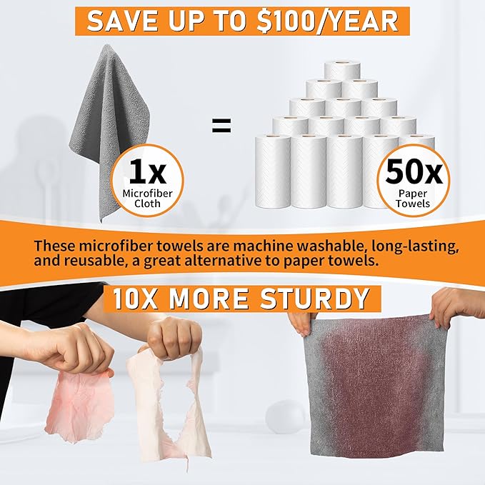 HOMERHYME Microfiber Cleaning Cloth Roll, 75 Pack Tear Away Microfiber Towels, Reusable Washable Shop Towels, Lint Free Cleaning Rags for Car, Home, Garage & Workshop 11.5"x11.5" Grey