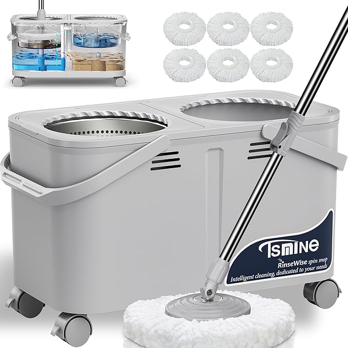 2025 Upgraded Mop Bucket Separate Dirty Water, Hands-Free Floor Cleaning System with 360° Wheels, Wet Dry Mop for Hardwood, Tile & Laminate Floors, 61" Handle & 6 Mop Heads - Grey