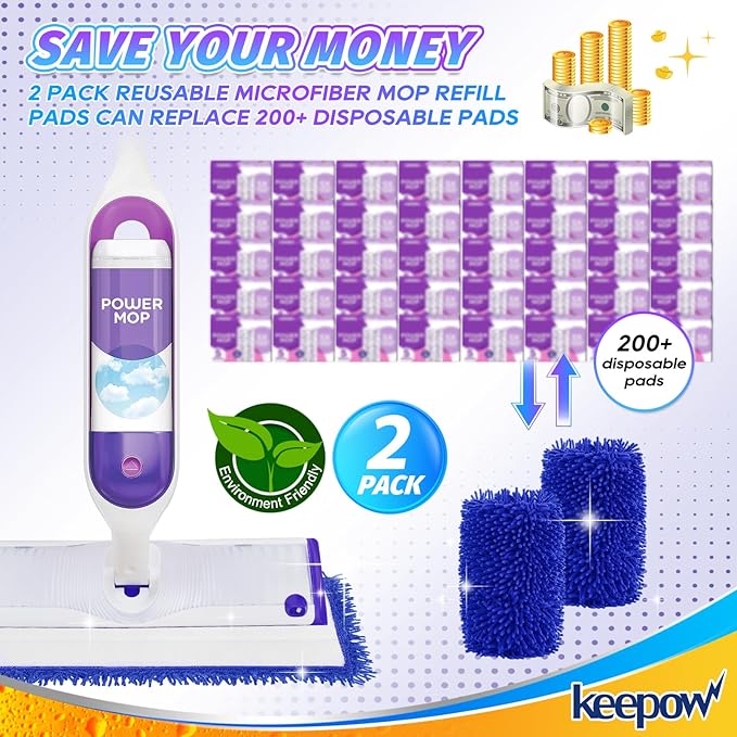 KEEPOW Power Mop Refills for Swiffer - Power Mop Reusable Pads Compatible with Swiffer PowerMop Multi-Surface Mop Kit for Floor Cleaning, Microfiber Washable Mop Pads for Wet&Dry Mopping (2 Pack)