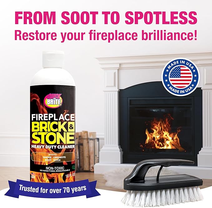 Quick N Brite Fireplace Gel Cleaner with Scrub Brush for Brick, Stone, Rock, Tile, and Marble, Nonabrasive Fireplace Cleaner, Made in the USA, 16 oz