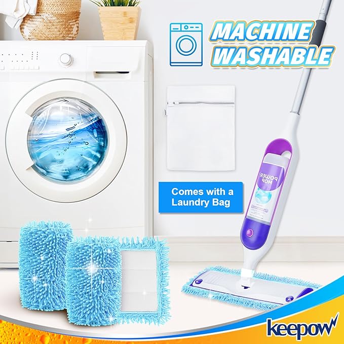 KEEPOW Reusable Mop Pads for Swiffer PowerMop - Microfiber Wet Mops Refills PowerMop Pads Refills Machine Washable Hard Floor Mop Pads Replacement for 13''-15'' Spray Floor Mops 4 Pack