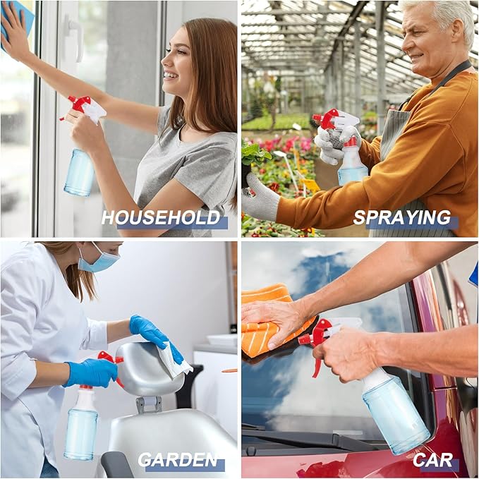 Eccliy 20 Pack 16oz Empty Spray Bottles, Leakproof Cleaning Bottles with Measurement and Adjustable Nozzle for Housekeeping, Commercial Use(Clear Cylinder,Red White Spray Head)