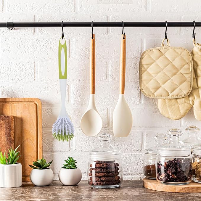 8 Pcs Dish Brush with Handle Kitchen Scrub Brush Pot and Pan Cleaning Brush Dish Scrubber with Stiff PET Bristles for Cookware Sink Washing Household, Green, 11 x 3.1 x 0.98 Inch