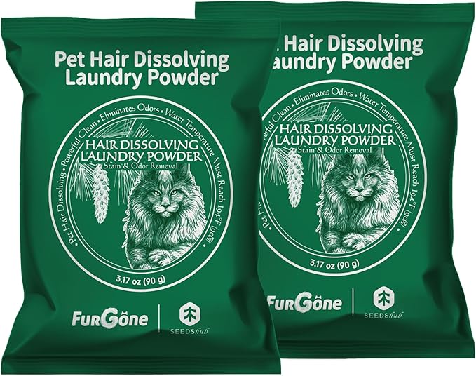FurGone × Seedshub 2 Sachets Pet Hair Odor & Stain Remover for Laundry, 96.7% Hair Dissolution, Based Powder Detergent for Clothes, Bedding, Effective Dog & Cat Hair Remover, Septic Safe
