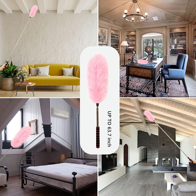 Lambs Wool Extendable Household Cleaning Duster 64" Wall Duster Cleaner with Stainless Steel Long Handle and Extension Pole for Cleaning High Ceiling Fan Interior Roof, Pink