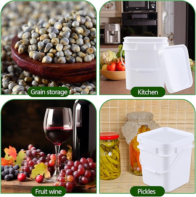 3 Gallon Plastic Bucket with Sealed Lid, 4 Pack Small White Square Bucket Pail Food Grade