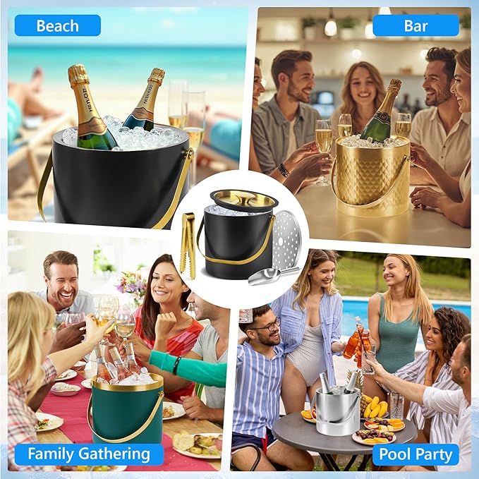 Ice Bucket, Ice Bucket with Silicone Sealing Ring Double-Wall Vacuum Insulation Champagne Buckets with Filter Layer Ice Tongs Ice Scoop (Gold, 3 L)