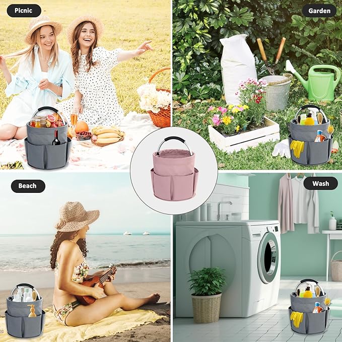 17L Cleaning Caddy with Handle, Cleaning Supplies Organizer, Foldable Storage Basket, Cleaning Supply Caddy, Portable Multi Cleaning Bucket Bag for Home, Garden (Pink)