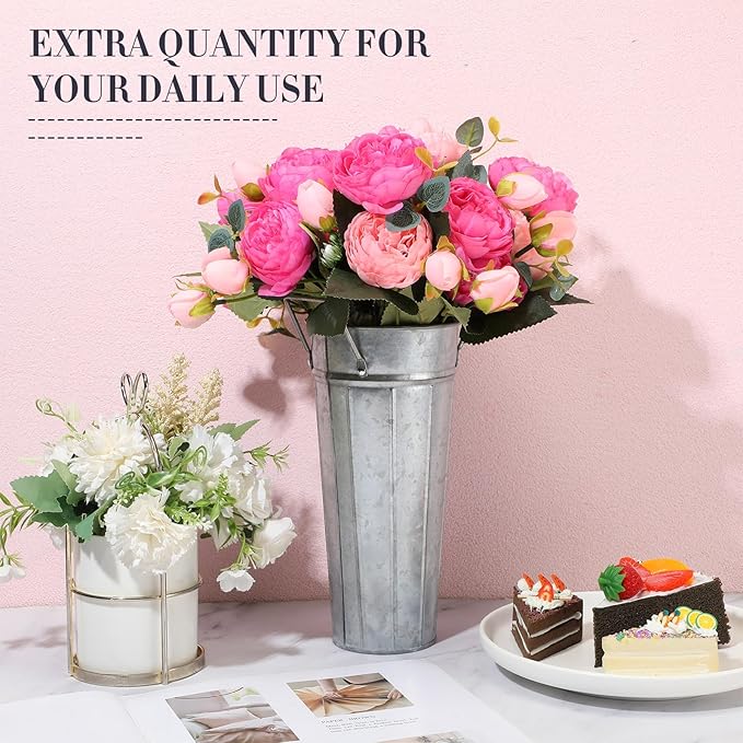 Lallisa 24 Pcs Metal Vases 9 Inch Galvanized French Farmhouse Flower Buckets with Handles and Hemp Rope, Vintage Style Flower Containers for Country Wedding Party Table Centerpiece Decor(Silver)