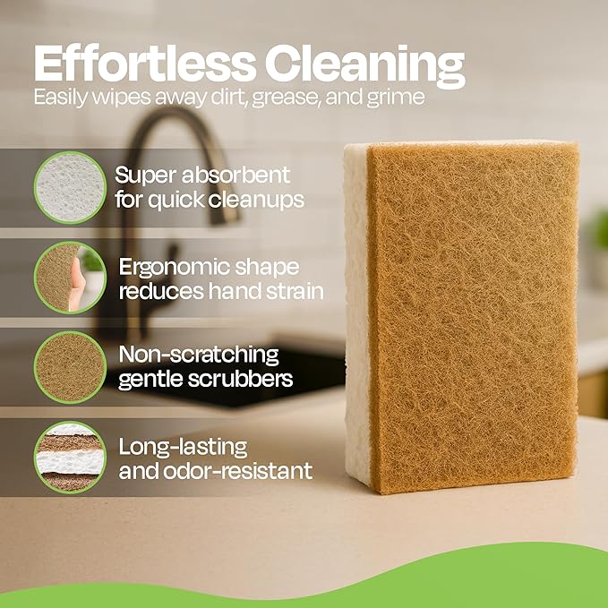 Natural Kitchen Sponges Pack of 12 - Biodegradable Compostable Cellulose & Coconut Scrubber Sponge with Non-Scratch - Long Lasting, Sponges for Dishes, Heavy Duty Dish Scrubber (Rectangular)