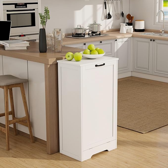 10 Gallon Tilt Out Trash Cabinet, Modern Tilt Out Laundry Hamper Cabinet, Wooden Hidden Trash Can Cabinet with Lid for Bathroom, Living Room, Laundry Room, White