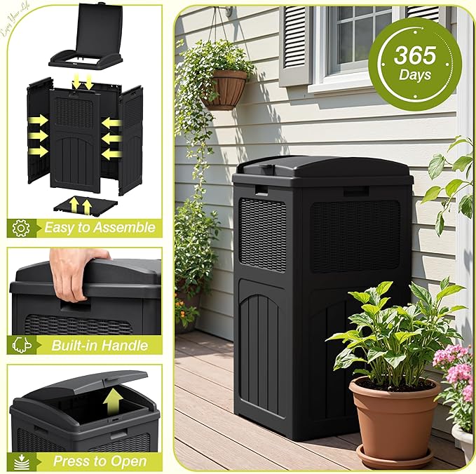 Greesum 33 Gallon Outdoor Trash Can with Lid (2-Pack), Heavy Duty Resin Garbage Bin, Waterproof & UV Resistant for Patio, Garden, Deck, Yard, Dark Black
