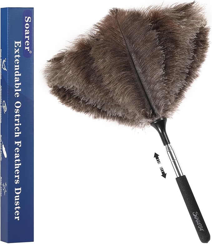 Soarer Extendable Ostrich Feather Duster - 40 inches Fluffy Long Handle Reusable Feather Duster for Cleaning Ceiling Fan,Pendant lamp, High Ceiling, Blinds, Furniture