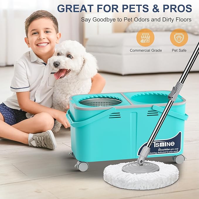 2025 Upgraded Mop Bucket with Wringer on Wheels,Clean & Dirty Water Separation,Spin Mop and Bucket with 6 Reusable Microfiber Mop Heads, 360° Swivel Wheels for Home & Kitchen Cleaning-Blue