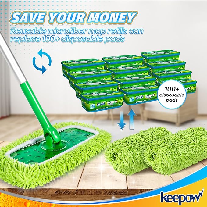 KEEPOW Reusable Microfiber Mop Pads Compatible with Swiffer Sweeper Mop, Dry Sweeping Cloths, Washable Wet Mopping Cloth Refills for Surface/Hardwood Floor Cleaning, 8 Pack (Mop is Not Included)