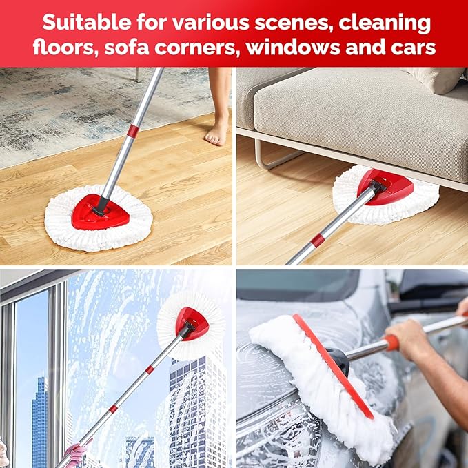 Spin Mop Head, Base, Handle Replacement for O-Ceda EasyWring 1 Tank System,4 Microfiber Mop Refills, 1 Base and 30-58in Handl Set Combo (White 1 Tank System)