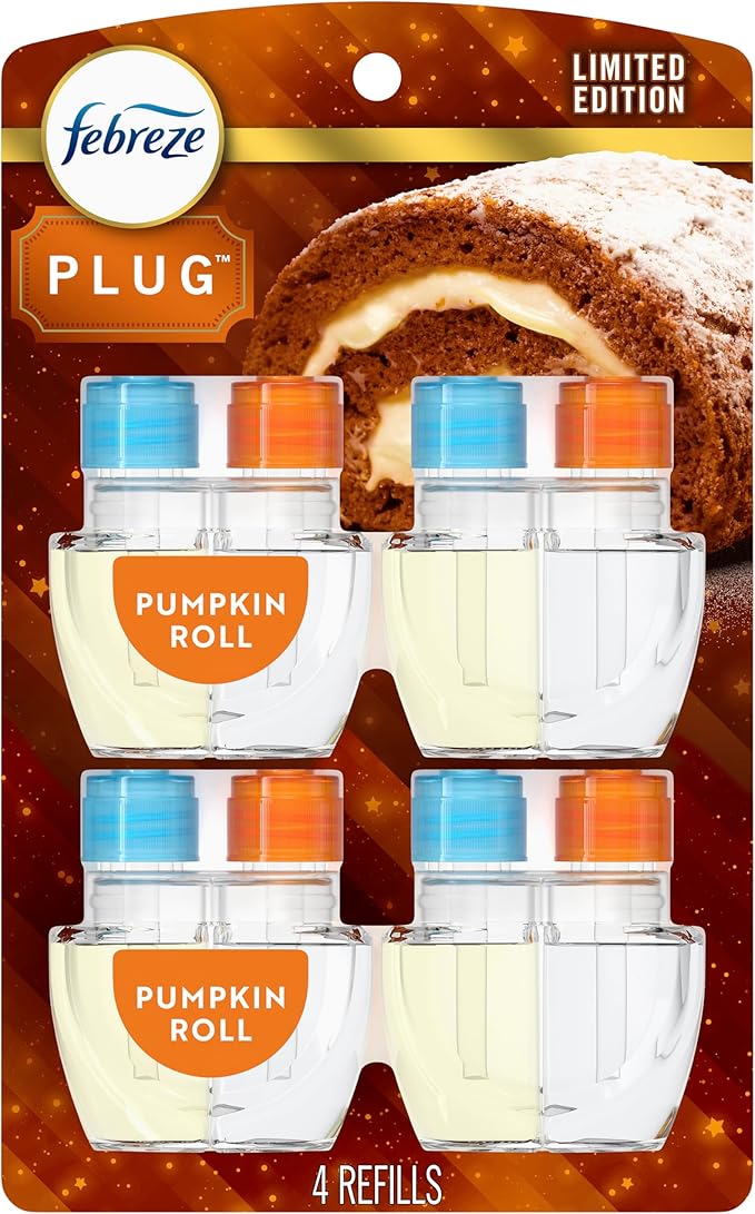 Febreze Plug In Air Freshener, Odor-Fighting Scented Oil Refill, Pumpkin Roll Scent, 4 Refill