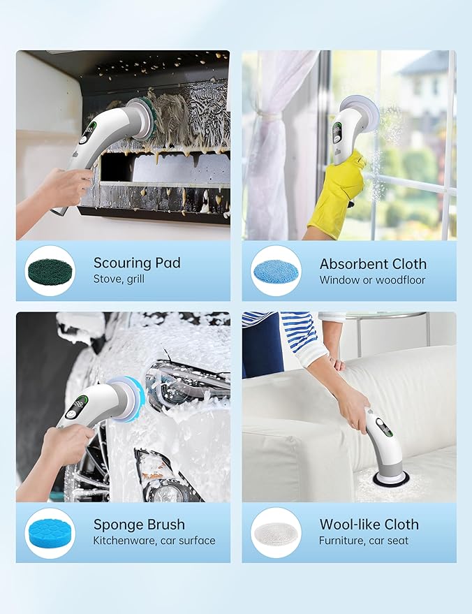 Electric Spin Scrubber with LED Display, IPX7 Waterproof Powerful Shower Scrubber, 2H Runtime, 2 Speeds, Adjustable Handle, 8 Brush Heads, Cleaning Brushes for Household Use Bathtub Tile Car