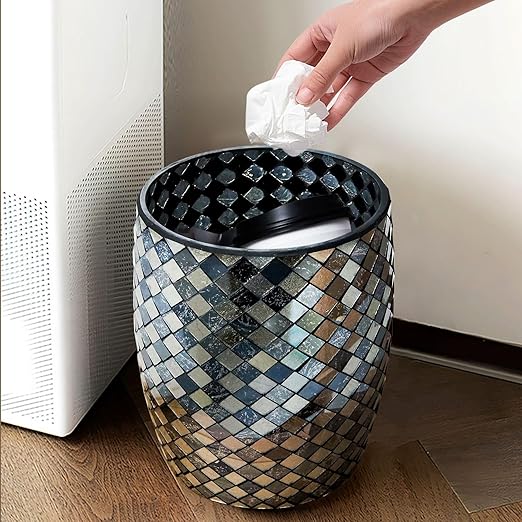 Escenzy Modern Bathroom Trash Can Mosaic Glass 5L | Decorative Small Garbage Can | 7" x 10" | Luxury Waste Basket for Restroom, Office, Bedroom & Kitchen | Shiny Black and Gold Bathroom Accessories