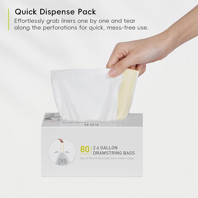 EKO 2.6 Gallon / 7-10 Liter, 80 Count Small Drawstring Trash Bags, Extra-Strong Unscented Garbage Bags, Easy-Dispense Roll for Kitchen & Household Use, Resists Tears, Leaks and Punctures, Code B White