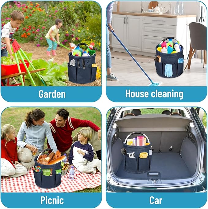 17L Foldable Cleaning Caddy with Handle - Portable Duty Tool Bag Cleaning Supply Organizer, Multi-Compartment Cleaning Bucket Storage Basket for Home Kitchen Bathroom (Blue)