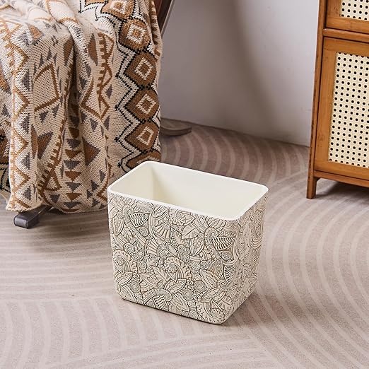 Rustic White Tropical Leaves Carved Small Bathroom Trash Can 2.5 Gallon(9 Liter), Resin Heavy Sturdy Kitchen Garbage Can,Living Room Bedroom Trash Can, Decorative Wastebasket for Home, Garden, Office