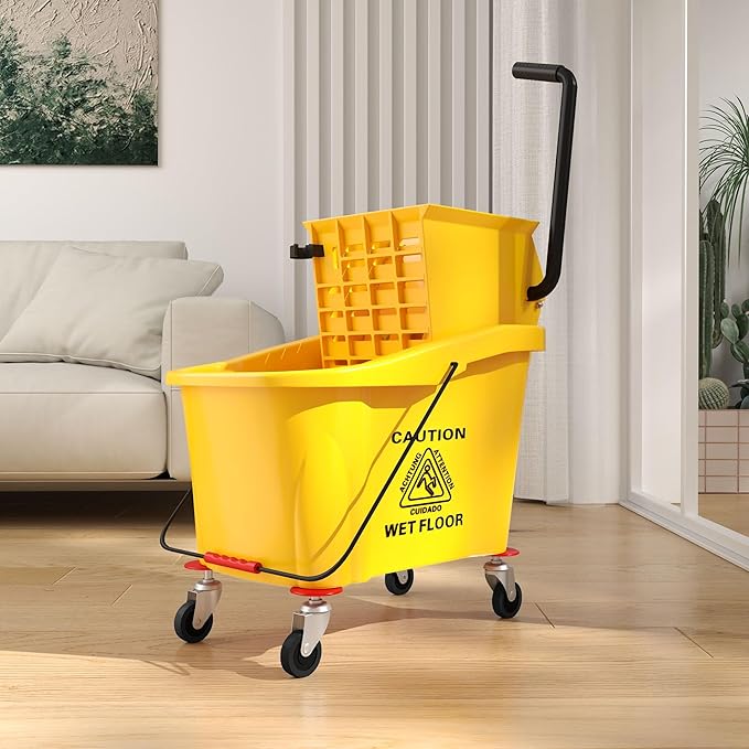 HOMCOM Mop Bucket with Wringer on Wheels for Floor Cleaning, 38 Quart Down Press Wringer with Handle and Mop, Yellow