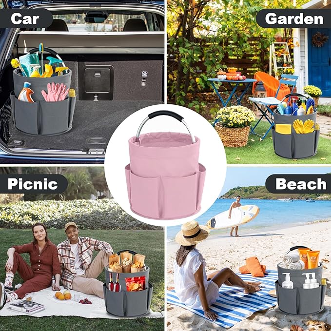 Cleaning Caddy with Handle, Cleaning Products Organiser, 17L Foldable Storage Basket, Cleaning Caddy Organiser, Portable Multi Cleaning Bucket Bag for Home, Garden (Pink)