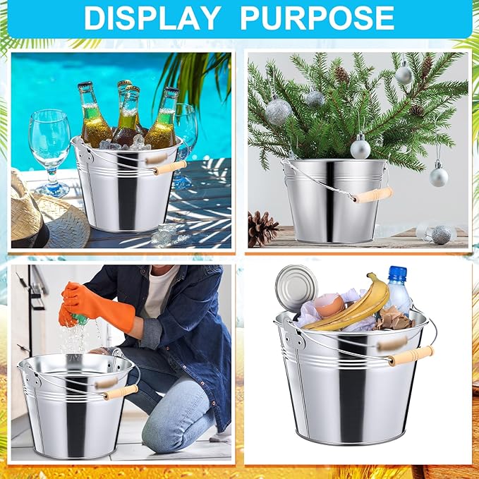 Zopeal 6 Pcs Large Metal Bucket Beer Bucket Galvanized Steel Pail with Handle for Gifts Basket Ice Candy Party(9 x 7 x 7 Inch,Silver)