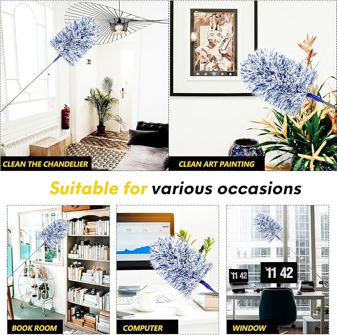 Extendable 20-49inches Microfiber Feather Duster with 3pcs Replaceable Bendable Heads, Extra Long Duster for Cleaning, Electrostatic Dust Remove for Ceiling, Fan, Window, Bookshelves (Navy Blue)