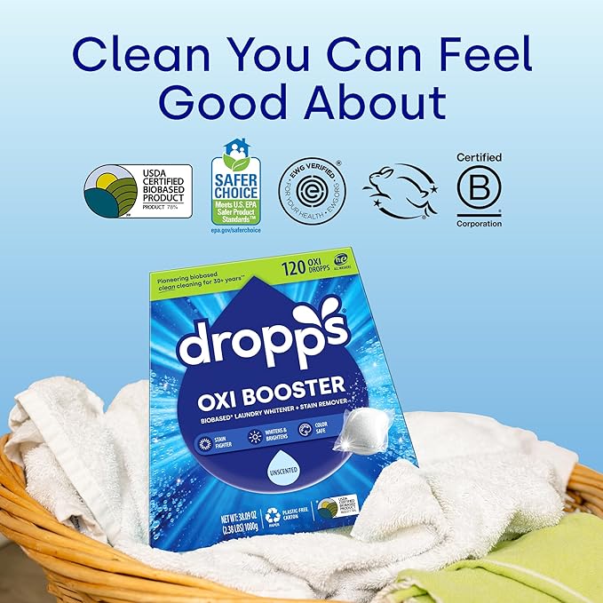 Dropps Oxi Booster Pods, Unscented (120 Pods) - Chlorine-Free Bleach Alternative Biobased Laundry Whitener & Stain Remover for Extra Tough Stains - Fragrance-Free & Hypoallergenic for Sensitive Skin