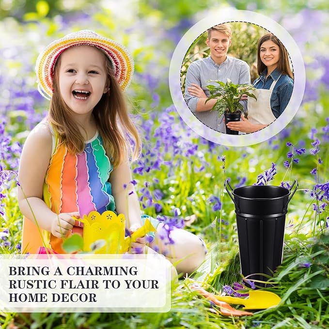 Lallisa 24 Pcs Metal Vases 9 Inch Galvanized French Farmhouse Flower Buckets with Handles and Hemp Rope, Vintage Style Flower Containers for Country Wedding Party Table Centerpiece Decor(Black)