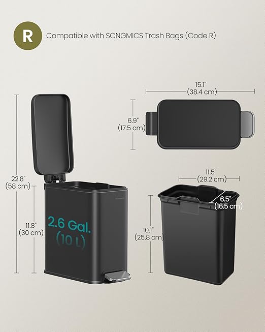 SONGMICS Bathroom Trash Can, 2.6 Gallon (10 L) Small Trash Bin with Lid, Slim for Small Spaces, Stainless Steel Garbage Can, Soft Close, Black ULTB561B10