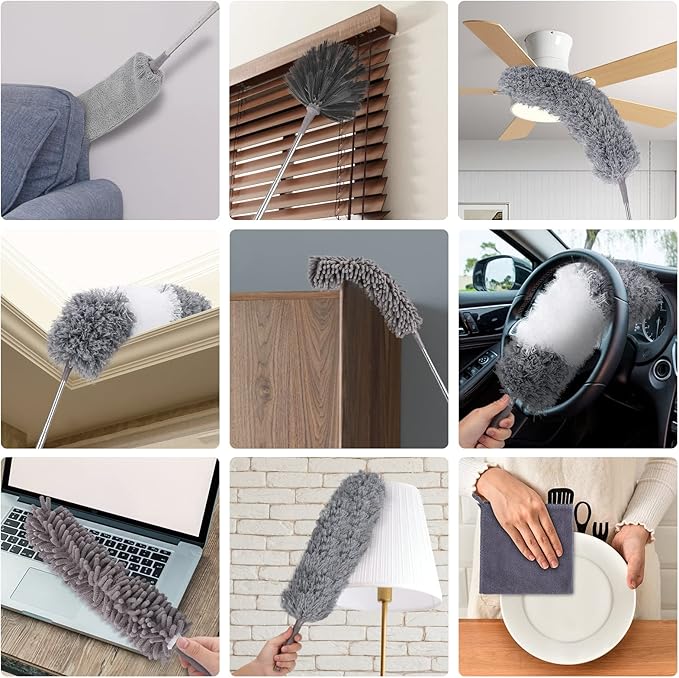Microfiber Duster for Cleaning Fan, High Ceiling, Blinds, Furniture, Cars , 9PCS Extendable Feather Duster (Stainless Steel) 30 to 100 Inches, Reusable Bendable Washable