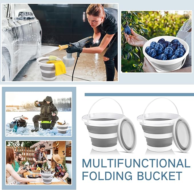 Pickmesh 4 Pcs Autumn Camping Collapsible Bucket, Small Cleaning Bucket with Handle 2.6 Gallon (10l) for Household Outdoor Car Washing Portable Camping Beach Sand Tub(Gray)