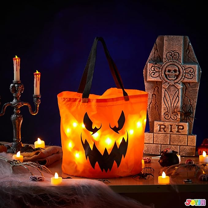 JOYIN 2 PCS Halloween Trick or Treat Bags 10 x 11.8 inches LED Light Orange Pumpkin Buckets Reusable Goody Candy Bucket for Kids Trick or Treating, Halloween Birthday Party Favor Supplies