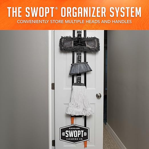 SWOPT Indoor Kit — Includes 18” Dust Mop, Cotton Mop, Angle Broom, 48” and 60” Steel Handles, and Organizer — Cleaning Heads with Long Handle Interchangeable with All SWOPT Cleaning Products