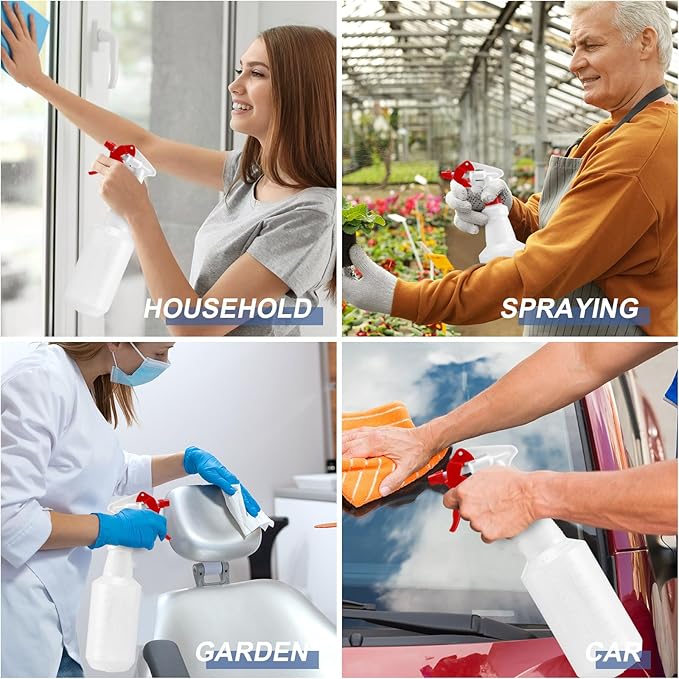 Zubebe 24 Pack 32 oz Plastic Spray Bottle Bulk Empty Leakproof Heavy Duty Spray Bottles for Cleaning Supplies Mist Bottles with Label and Adjustable Nozzle for Plant(Red, White,Clear Scale)