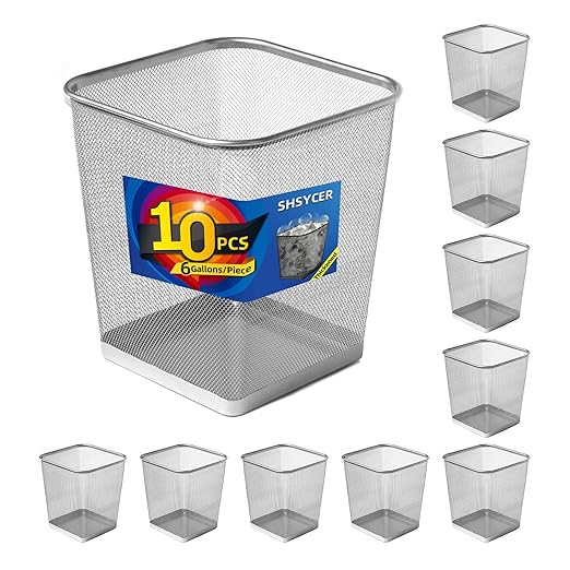 10-Pack Silver Square Metal Trash Cans, 6 Gallon Capacity, Mesh Design, Non-Slip Base, Smooth Edges, Suitable for Office, Home, School