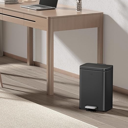 EKO Madison Matte Black 12L / 3.2 Gal Bathroom Trash Can with Lid and Removable Inner Basket, Rectangular Small Step Trash Can